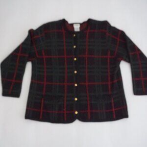 Vintage Liz Baker Black Red Green Tartan Plaid Gold Button Cardigan Sweater 2X